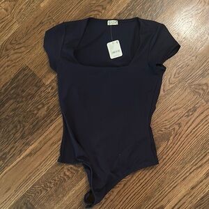 Free People Asymmetrical Blue Cap Sleeve Bodysuit